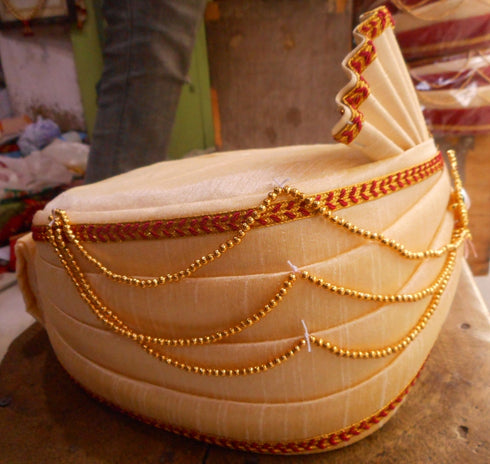 Cream Color Pagdi With Gold Color Pearls